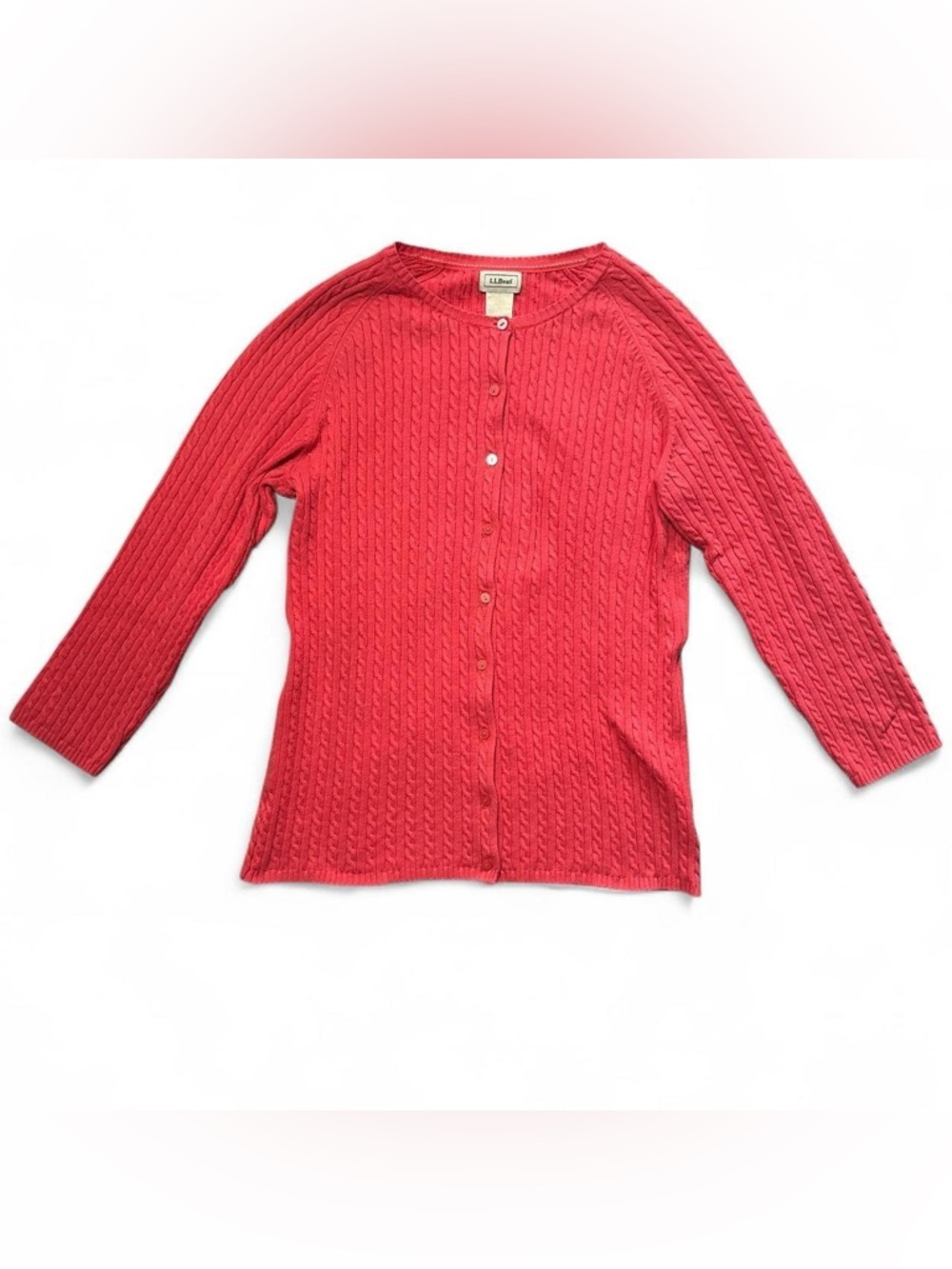 L.L.Bean Coral-Pink Cable Knit Button-Front Cardigan